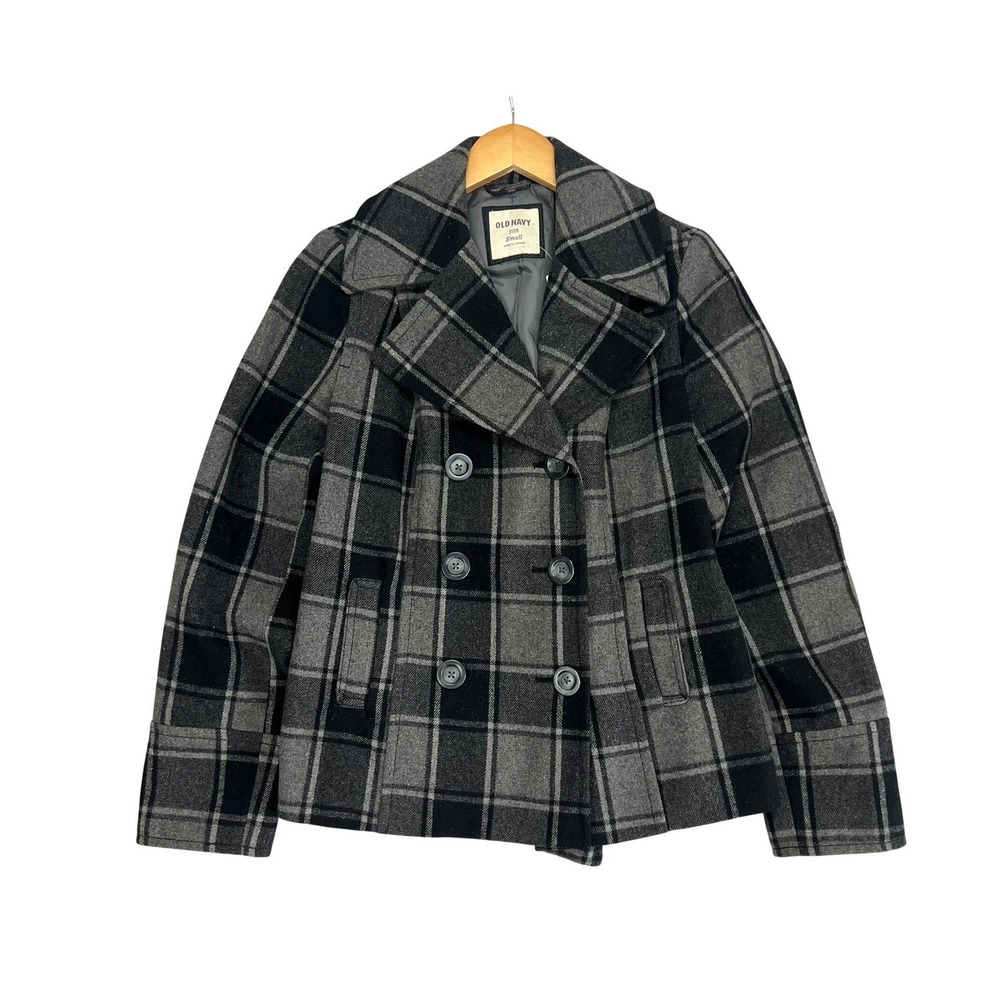 Old Navy Womens Grey Black Plaid Wool Blend Double Breasted Pea Coat Size Small